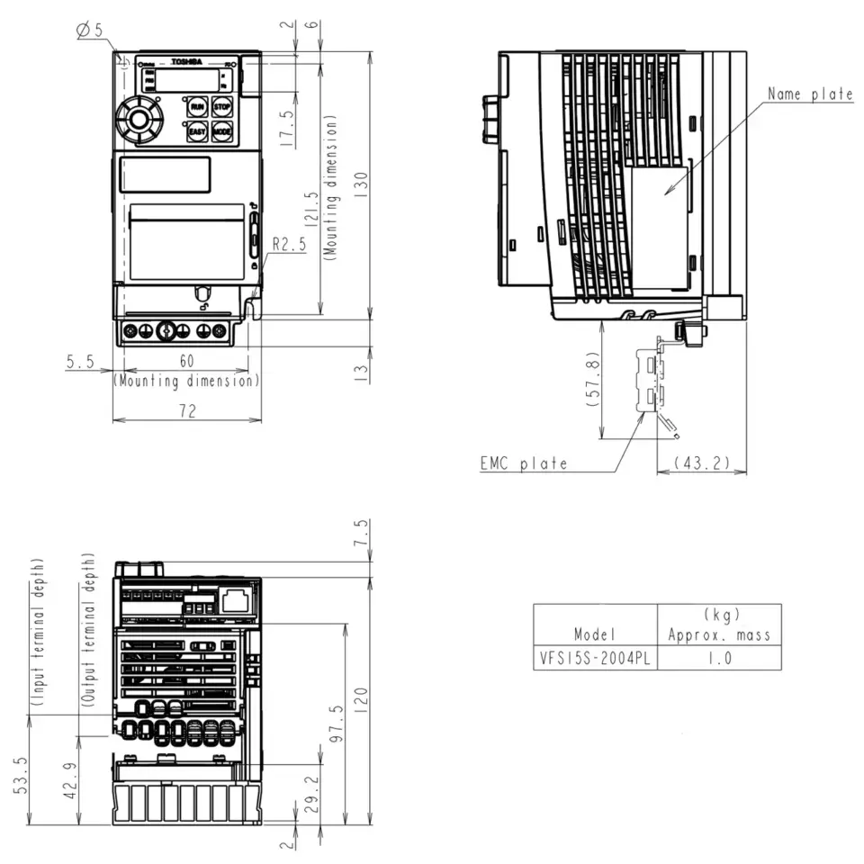 Technische Zeichnung des TOSHIBA Frequenzumrichters VFS15S-2004PL mit Maßangaben und Montageinformationen.