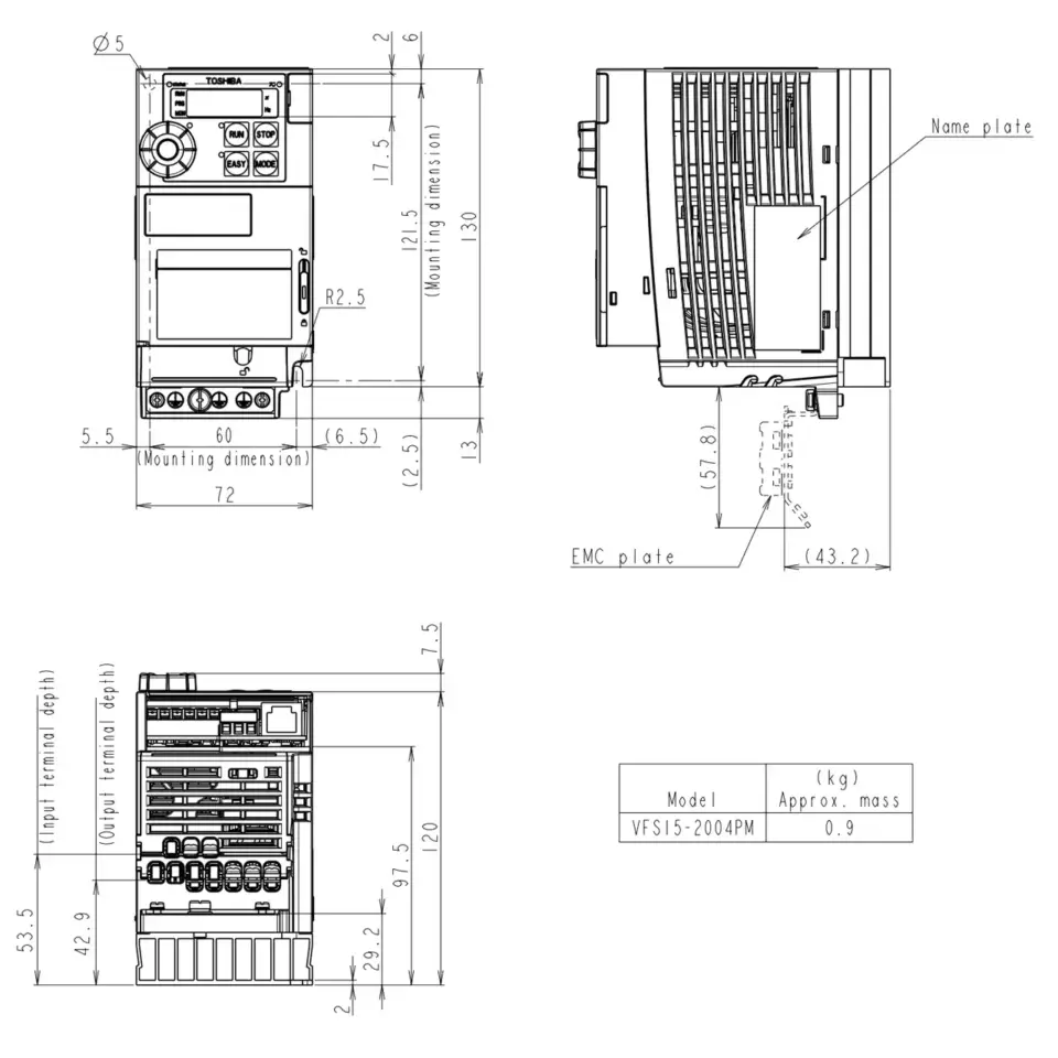 Technische Zeichnung des TOSHIBA Frequenzumrichters VFS15S-2004PM mit Maßangaben und Montageinformationen.
