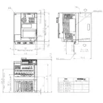 Technische Zeichnung des TOSHIBA Frequenzumrichters VFS15S-4015PL1 mit Maßangaben und Montageinformationen.