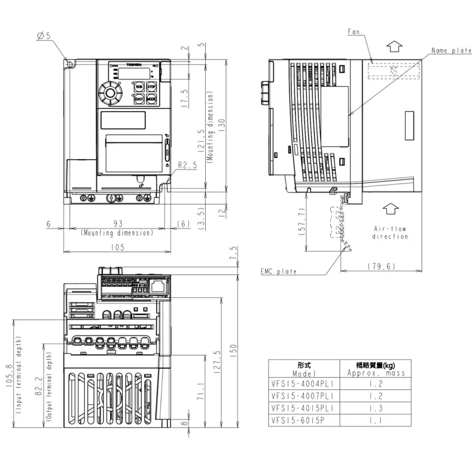 Technische Zeichnung des TOSHIBA Frequenzumrichters VFS15S-4015PL1 mit Maßangaben und Montageinformationen.