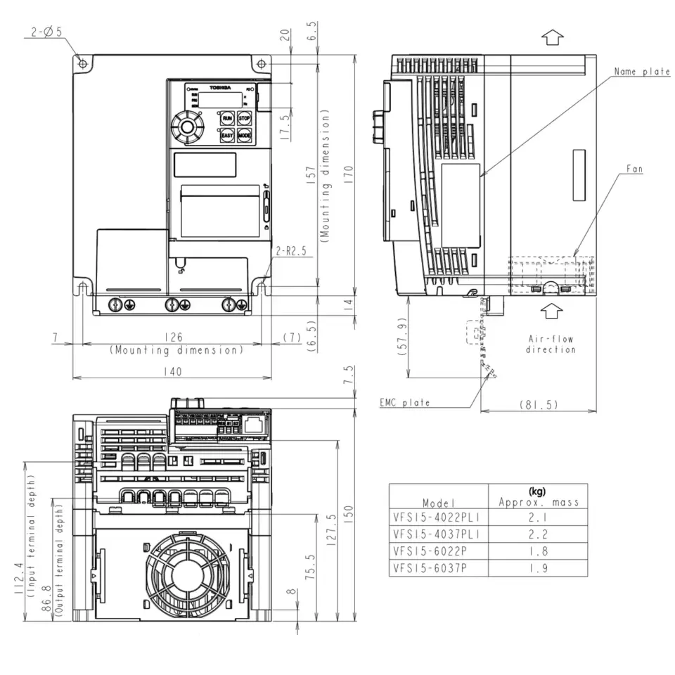 Technische Zeichnung des TOSHIBA Frequenzumrichters VFS15S-4055PL mit Maßangaben und Montageinformationen.