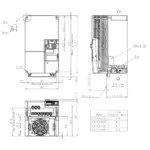 Technische Zeichnung des TOSHIBA Frequenzumrichters VFS15S-4110PL mit Maßangaben und Montageinformationen.
