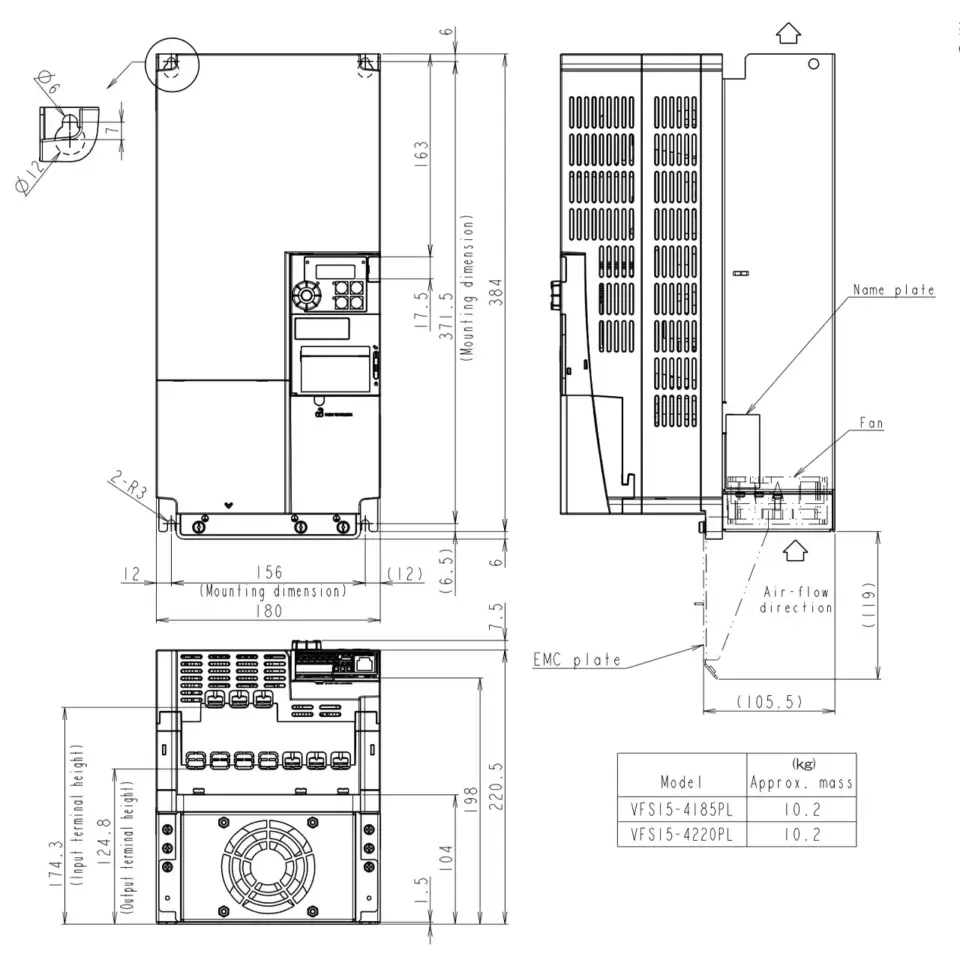 Technische Zeichnung des TOSHIBA Frequenzumrichters VFS15S-4185PL mit detaillierten Maßangaben und Einbaumaßen.