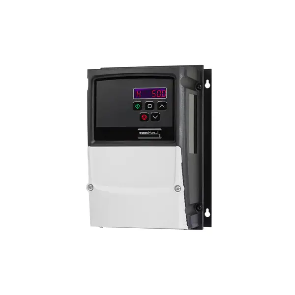 Frequenzumrichter escodrives EDS3-2015PL-66N1 ohne Hauptschalter und externe Bedienelemente, Frontansicht mit digitalem LED-Display und Tastenfeld.