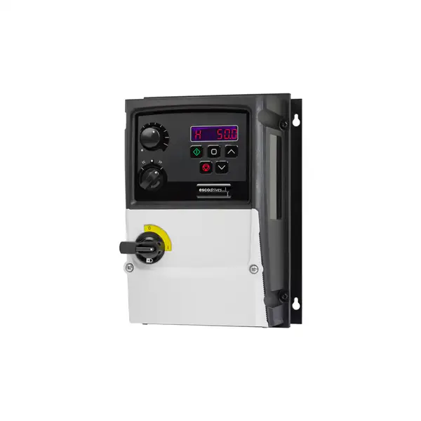 Frequenzumrichter escodrives EDS3-2015PL-66S1 mit Potentiometern, integriertem Hauptschalter und mit digitalem LED-Display und Tastenfeld auf der Frontseite.