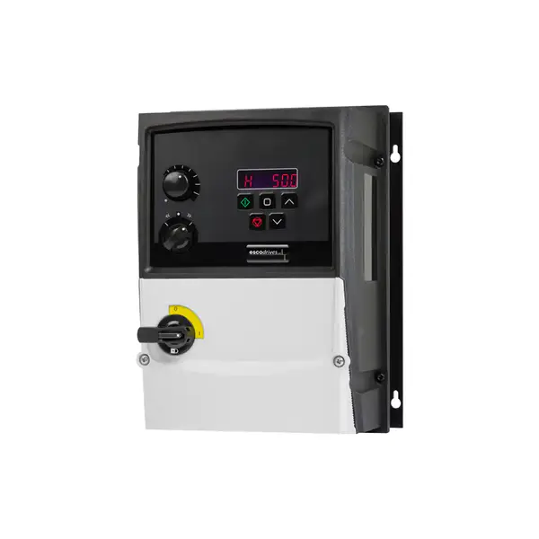Frequenzumrichter escodrives EDS3-4022PL-66S1 mit Potentiometern, integriertem Hauptschalter und mit digitalem LED-Display und Tastenfeld auf der Frontseite.