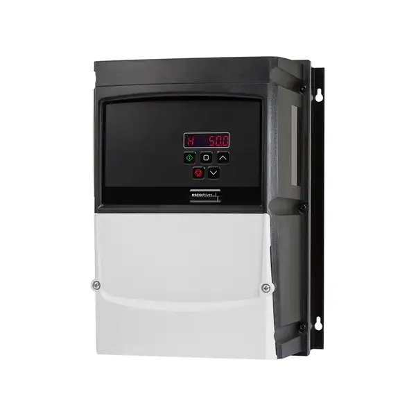 Frequenzumrichter escodrives EDS3-4110PL-66N1 ohne Hauptschalter und externe Bedienelemente, Frontansicht mit digitalem LED-Display und Tastenfeld.