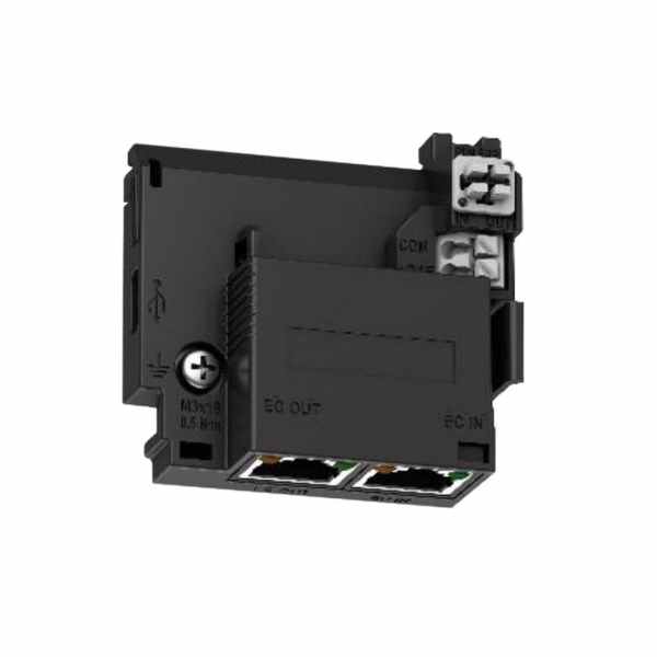 Detailansicht der INVT EC-TX149 Ethernet-Kommunikationskarte mit RJ45-Anschlüssen und Schraubklemmen.