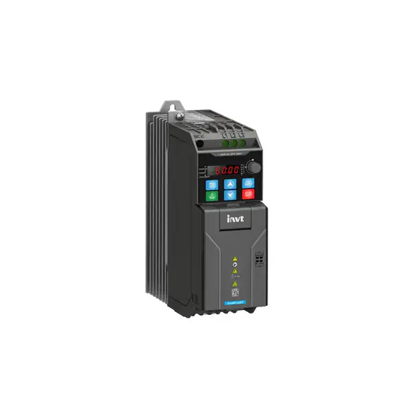Kompakter Frequenzumrichter GD28-0R7G-S2 von INVT mit USB-C-Port, LED-Display und STO-Sicherheitsfunktion für 230 V 1~ Systeme