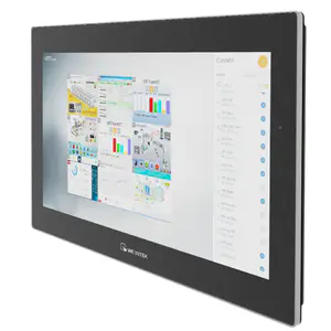 Schrägansicht des Weintek cMT3162X (iV) mit rahmenbündiger Glasfront; auf dem Display mehrere HMI-Screens samt „Connect“-Seitenleiste.