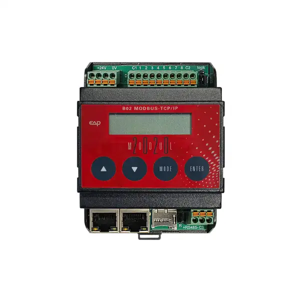 EAP MODUL-2020 Basismodul B02 mit LCD/4 Tasten; oben Klemmen für 8× DI 24 V, unten 2× RJ45 (integrierter Switch) und RS-485-Gateway.