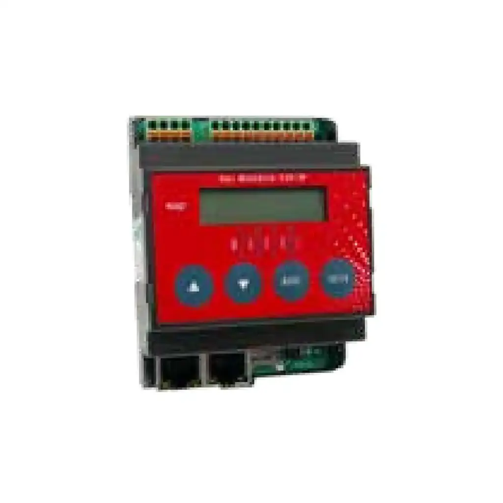 EAP MODUL-2020 Basismodul B04 mit BACnet/IP, LCD-Display und 4 Tasten; oben Klemmenleiste, unten zwei RJ45-Ports (2-Port-Switch) – Front/Schrägansicht.
