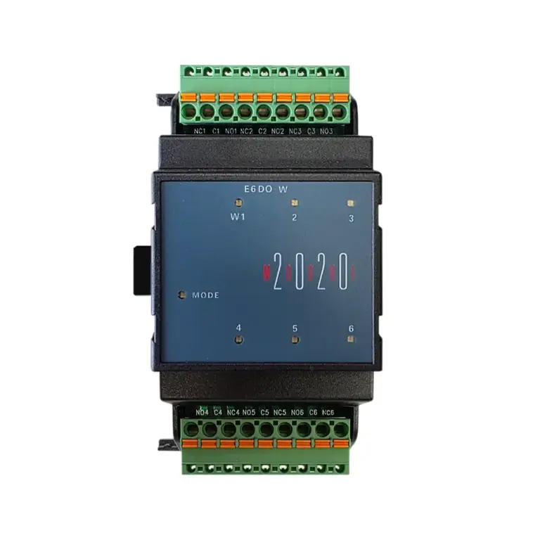 EAP Electric E6DO-W Erweiterungsmodul MODUL-2020, Frontansicht: 6 Relais-Wechsler (NO/NC) mit 6 Status-LEDs, Push-in-Klemmen oben/unten, Systembus an der Seite.