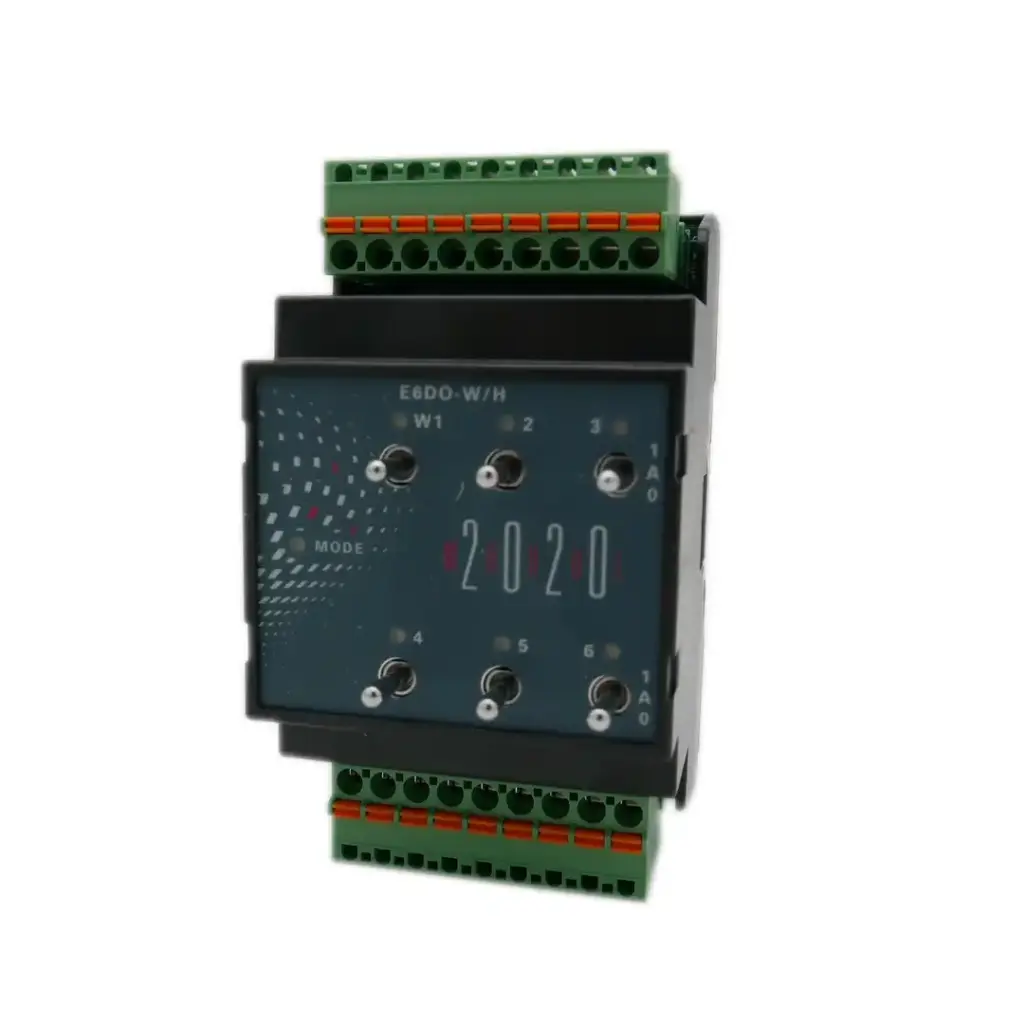 EAP Electric E6DO-W/H (I/O System 5714-2) – MODUL-2020 Erweiterungsmodul mit 6 Relais-Wechslern (NO/NC), 6 Kippschaltern für Handbetrieb, Frontansicht mit Push-in-Klemmen oben/unten.