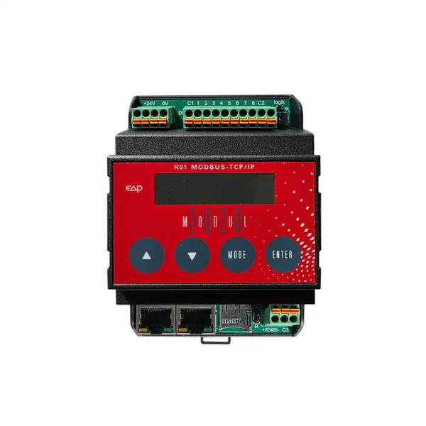 EAP R01 Modbus TCP/IP (MODUL-2020), Frontansicht mit LCD/4 Tasten; oben Klemmen +24 V/0 V und DI 1–8, unten 2× RJ45 und Zusatzklemmen.