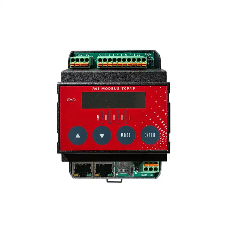 EAP R01 Modbus TCP/IP (MODUL-2020), Frontansicht mit LCD/4 Tasten; oben Klemmen +24 V/0 V und DI 1–8, unten 2× RJ45 und Zusatzklemmen.