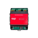 Frontansicht des EAP R02 Regel-/Steuergeräts (MODUL-2020) im 45-mm-Reihenbausystem mit roter Front, integrierter Linux-CPU und Steckklemmen für 24 V, RS-485 und RS-232.