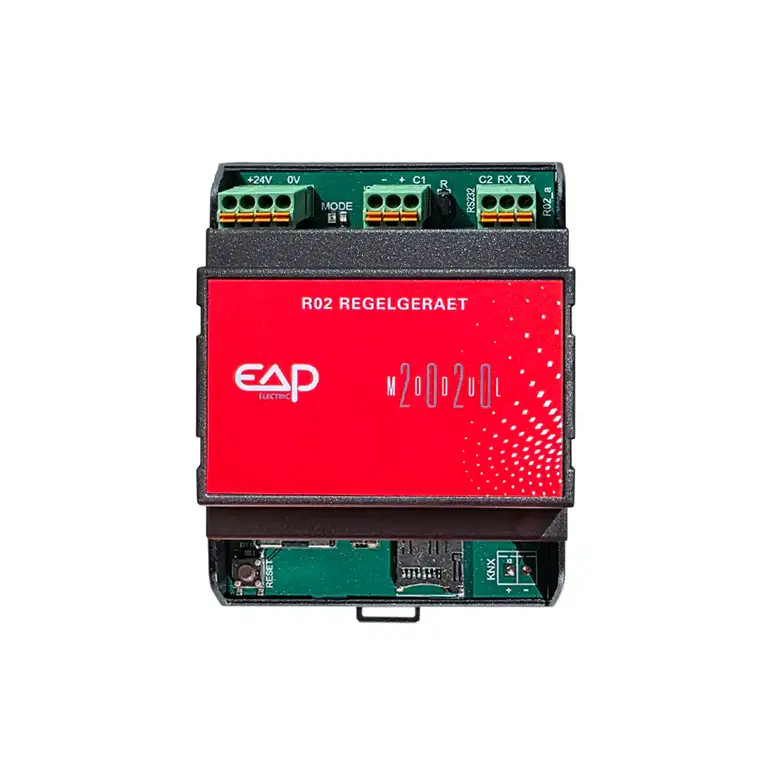 Frontansicht des EAP R02 Regel-/Steuergeräts (MODUL-2020) im 45-mm-Reihenbausystem mit roter Front, integrierter Linux-CPU und Steckklemmen für 24 V, RS-485 und RS-232.