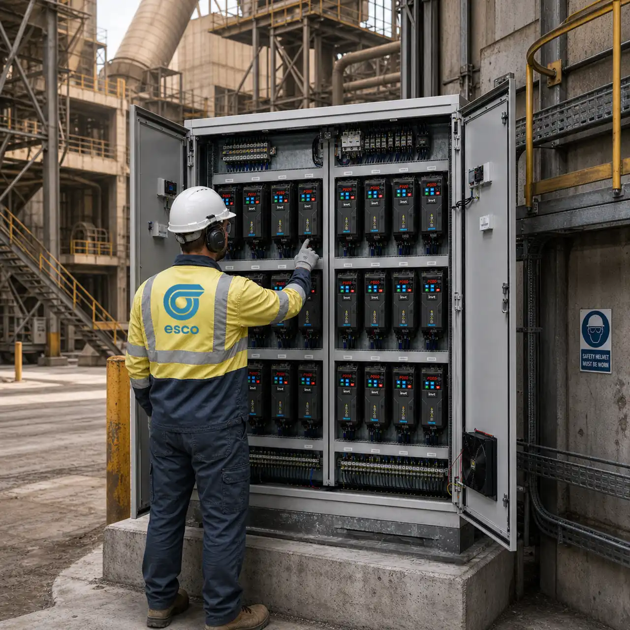 Techniker mit Schutzhelm prüft einen geöffneten Schaltschrank mit mehreren Frequenzumrichtern in einer industriellen Zementanlage.