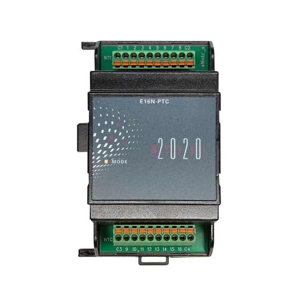 EAP E16N-PTC Modul 2020 in Frontansicht mit 16 N-PTC Eingängen und grünen Steckklemmen.