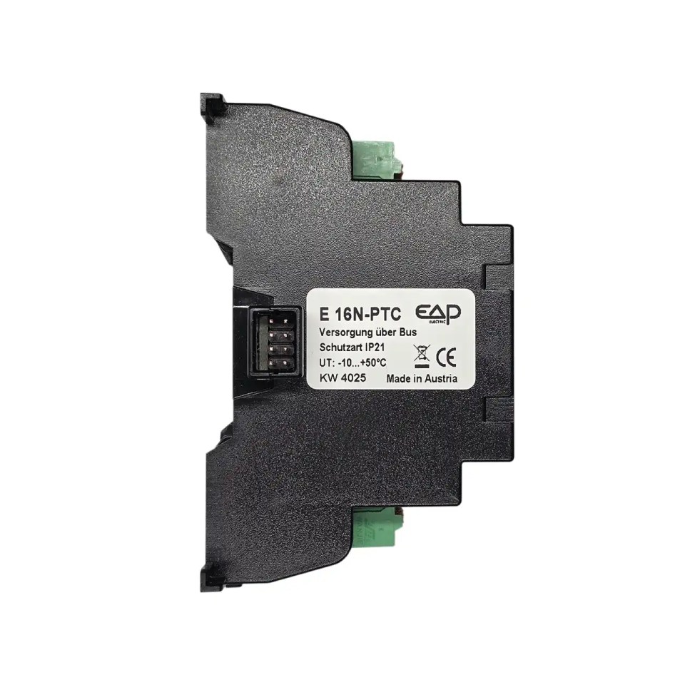 Rechte Seitenansicht des EAP E16N-PTC Erweiterungsmoduls mit Typenschild und seitlichem Anschlussbereich.