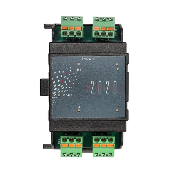 EAP E4DO-R Modul 2020 mit 4 Relais-Ausgängen in Frontansicht, grünen Push-in-Klemmen und Status-LEDs.