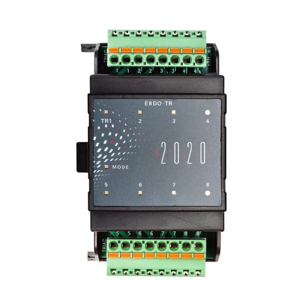 EAP E8DO-TR Modul 2020 mit 8 Triac-Ausgängen in Frontansicht, grünen Push-in-Klemmen und 8 Status-LEDs.