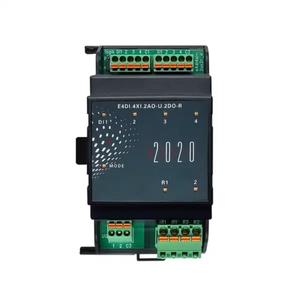 EAP Erweiterungsmodul E4DI.4XI.2AO-U.2DO-R, Frontansicht mit oberen und unteren Push-in-Klemmen, Status-LEDs für DI1–DI4 sowie R1/R2, MODUL-2020-Design.
