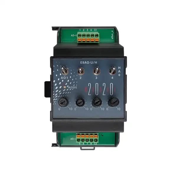 EAP E8AO-U/H Erweiterungsmodul 5718-2, Frontansicht mit 4 Kippschaltern für Handbetrieb, 4 Potentiometern zur 0–10-V-Vorgabe und oberen/unteren Push-in-Klemmen.