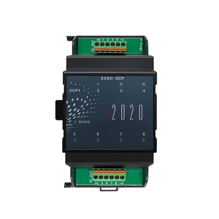 EAP E8DO-OCP Erweiterungsmodul für MODUL-2020, Frontansicht mit 8 Status-LEDs, Push-in-Klemmen oben/unten und seitlichem Systembus-Stecker.