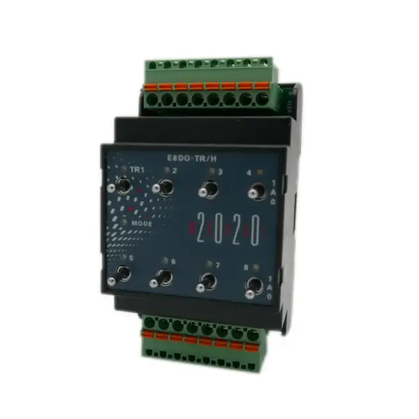 EAP MODUL-2020 E8DO-TR/H (I/O System 5723-2) mit 8 Triac-Ausgängen, Front mit 8 dreistufigen Kippschaltern 1/A/0 (1=Hand EIN oben, A=Automatik/Grundstellung mittig, 0=Hand AUS unten), Status-LEDs und Push-in-Klemmen.