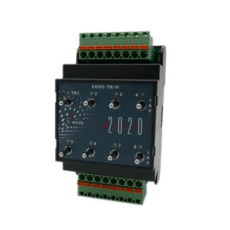 EAP MODUL-2020 E8DO-TR/H (I/O System 5723-2) mit 8 Triac-Ausgängen, Front mit 8 dreistufigen Kippschaltern 1/A/0 (1=Hand EIN oben, A=Automatik/Grundstellung mittig, 0=Hand AUS unten), Status-LEDs und Push-in-Klemmen.