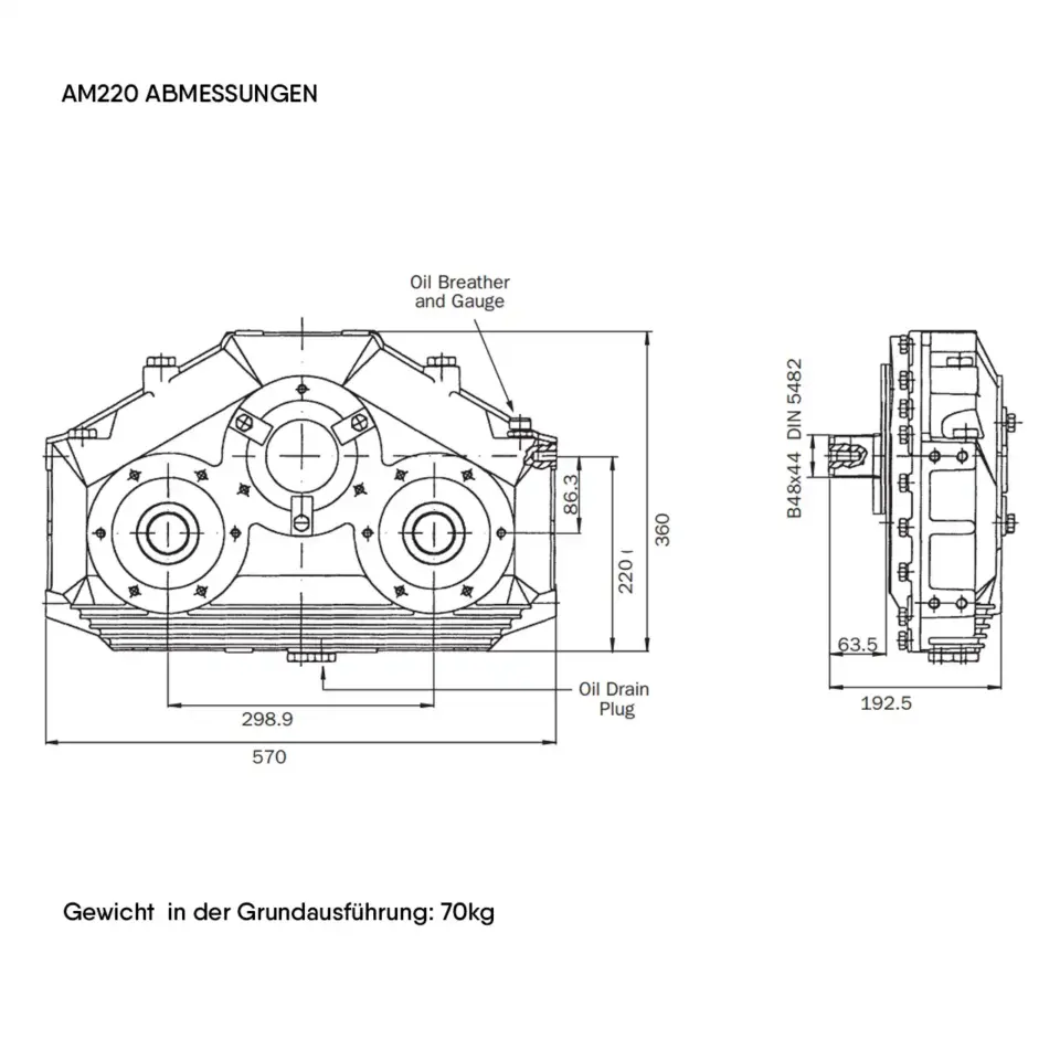 Abmessungen Twin Disc AM220 – bemaßte Front- und Seitenansicht mit Einbau- und Öl-Servicepunkten