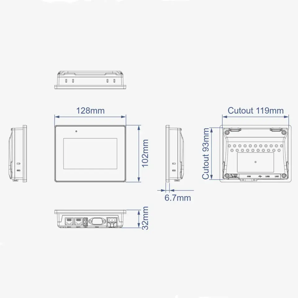 Technische Zeichnung des Weintek cMT2058XH (W) Webpanels mit Front-, Seiten- und Rückansicht sowie Maßangaben für Abmessungen und Ausschnitt.