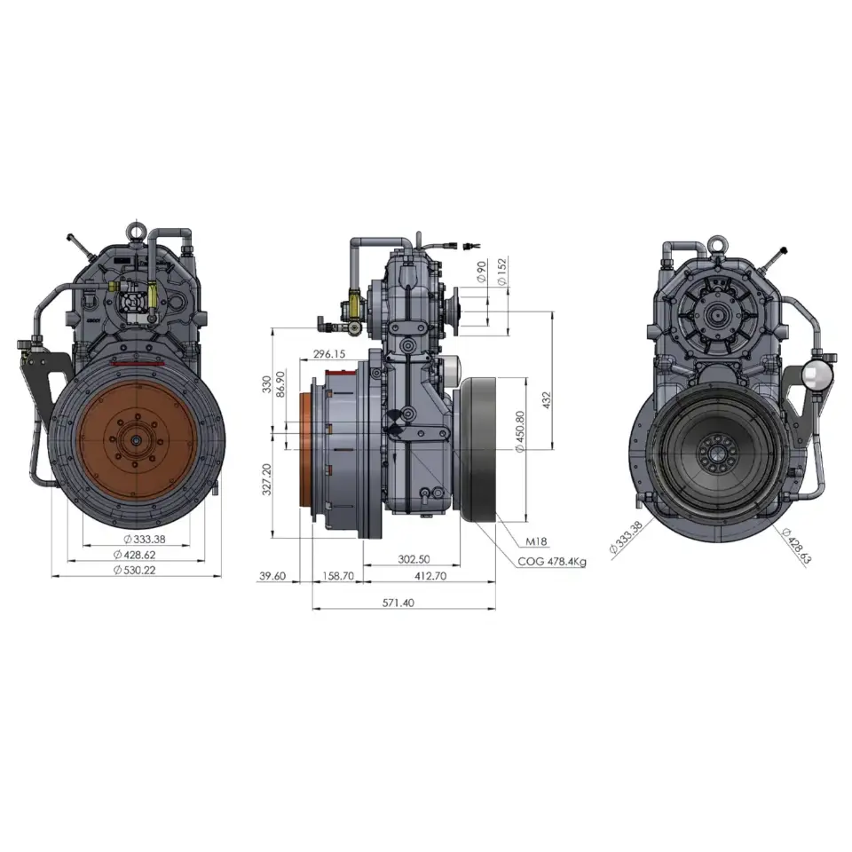 ESCO PHT300A Parallel-Hybridgetriebe – Dreiseiten-Maßzeichnung mit Anschluss- und Flanschmaßen