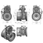 ESCO PHT420A Parallel-Hybridgetriebe – Maßbild mit Front-/Seiten-/Rückansicht und isometrischer Ansicht