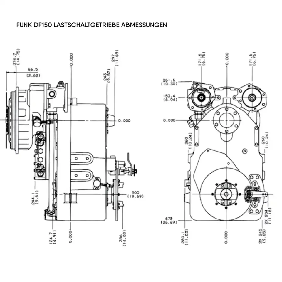 Funk DF150 – technische Zeichnung mit Seiten- und Frontansicht, Bemaßungen in mm