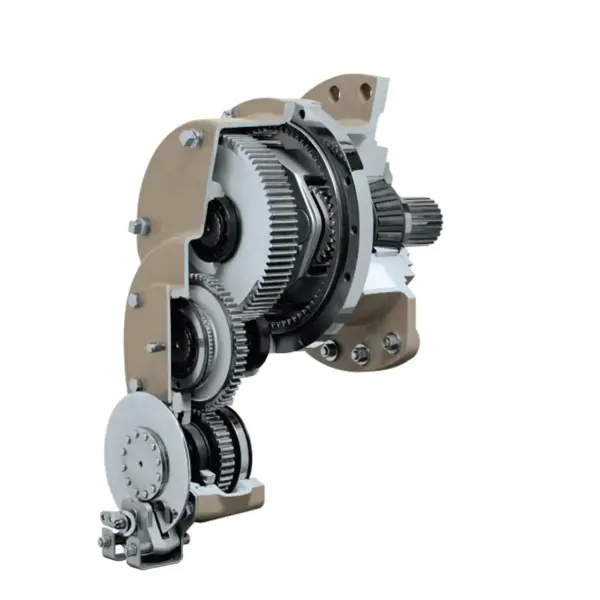 Aufgeschnittenes Industriegetriebe mit Planetenstufe, Stirnrädern und integrierten Lagerungen zur gleichmäßigen Kraftverteilung.