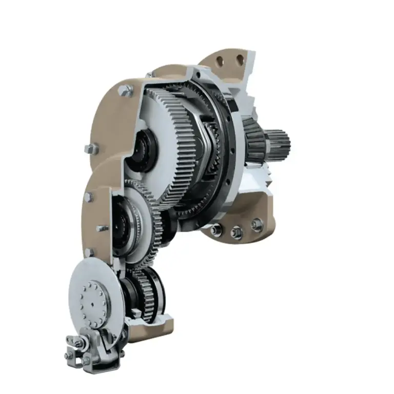 Aufgeschnittenes Industriegetriebe mit Planetenstufe, Stirnrädern und integrierten Lagerungen zur gleichmäßigen Kraftverteilung.