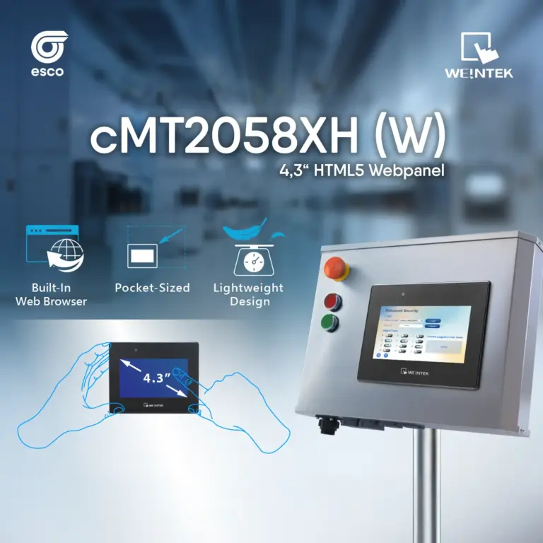 Weintek cMT2058XH (W) 4,3-Zoll HTML5-Webpanel an einem Schaltschrank, mit Piktogrammen für integrierten Webbrowser, kompakte Bauform und leichtes Design sowie Logos von esco und Weintek.
