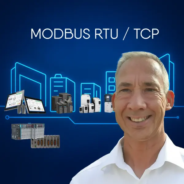 Elektroingenieur und Modbus-Experte von esco antriebstechnik vor blauem Hintergrund, daneben Touchpanels, Frequenzumrichter und I/O-Systeme, die eine vernetzte Industrieanlage symbolisieren.