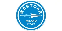 Rundes, blaues WESTCAR-Logo mit Pfeilsymbol und Schriftzug ‘Milano Italy’.