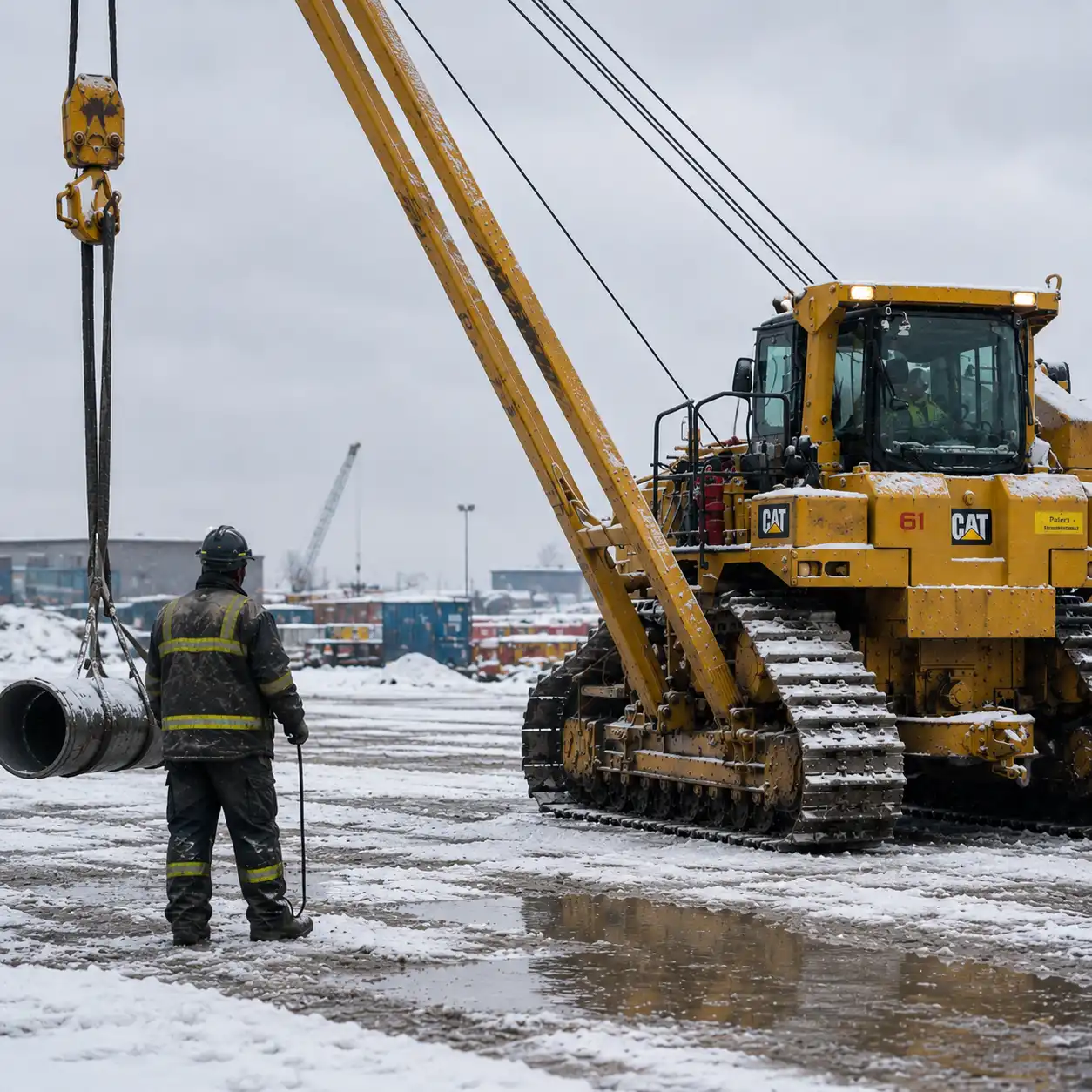 CAT Raupenfahrzeug mit Hubwinde im winterlichen Kranbetrieb beim Lastheben