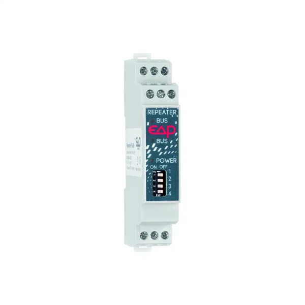 EAP Repeater RS485 für DIN-Schienenmontage mit Schraubklemmen, DIP-Schalter und frontseitiger Beschriftung auf hellem Hintergrund.