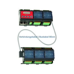 EAP MODUL-2020 mit Buskabel / Verbindungskabel 80 cm zur Verbindung einer zweiten Schaltschrankreihe; Darstellung von oben rechts nach unten links zwischen zwei Modulreihen.