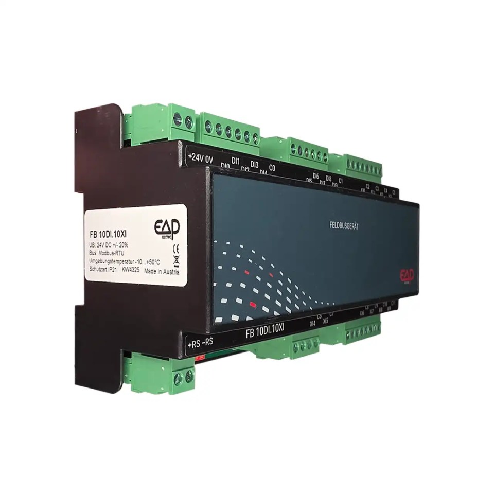 EAP I/O Modul 8656 in isometrischer Ansicht mit seitlichem Typenschild, steckbaren Klemmen und 9-TE-Gehäuse für den Schaltschrank.