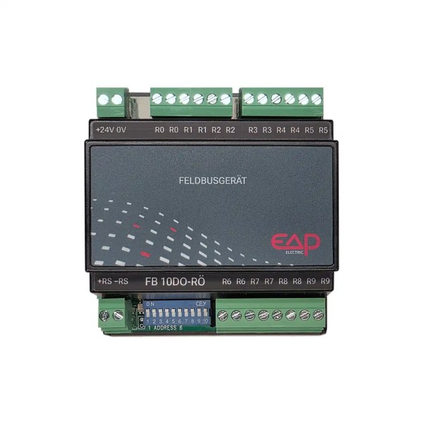 I/O Modul 8553 von EAP Electric, Feldbusmodul FB10DO-RÖ.M.S. mit 10 Relais-Öffnern, RS485-Schnittstelle, DIP-Schalter und steckbaren Schraubklemmen in Frontansicht für Industrie- und Gebäudeautomation.