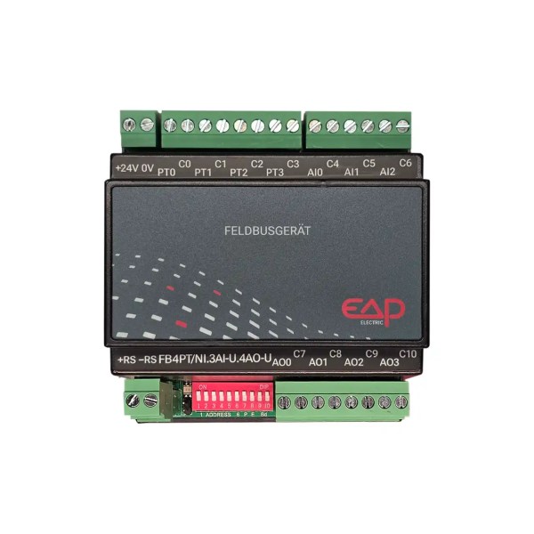 EAP I/O Modul 7814 Feldbusmodul in Frontansicht mit 4 PT/NI-Eingängen, 3 analogen 0–10-V-Eingängen, 4 analogen 0–10-V-Ausgängen und DIP-Schaltern, ESCO Artikelnummer IOMODUL7814.
