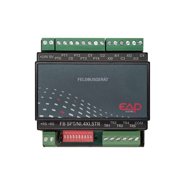 EAP I/O Modul 8605 Feldbusmodul in Frontansicht mit 4 XI-Universaleingängen, 5 PT/NI-Eingängen, 5 Triac-Ausgängen, DIP-Schaltern und RS485-Anschluss, ESCO Art.-Nr. IOMODUL8605.