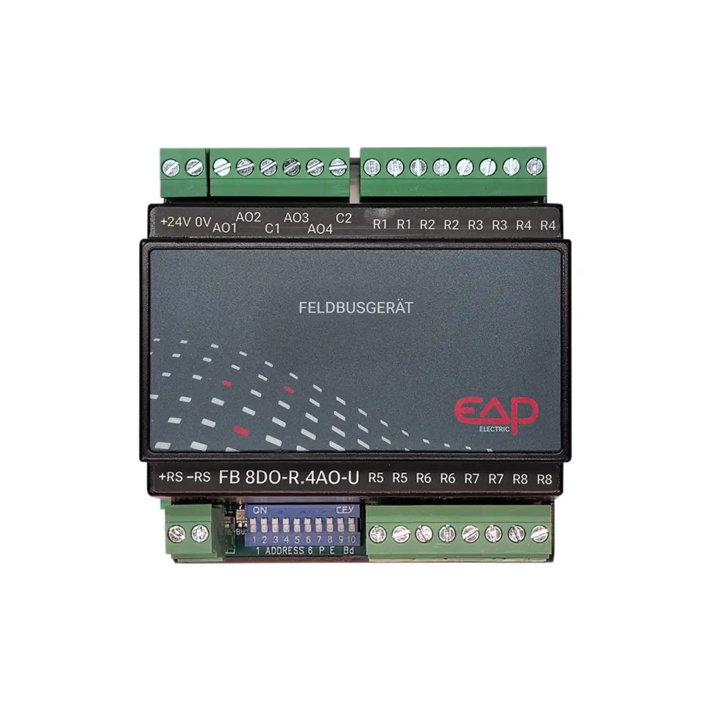EAP I/O Modul 8877 Feldbusmodul in Frontansicht mit 8 Relaisausgängen, 4 analogen 0–10-V-Ausgängen, DIP-Schaltern und steckbaren Klemmen, ESCO Art.-Nr. IOMODUL8877.